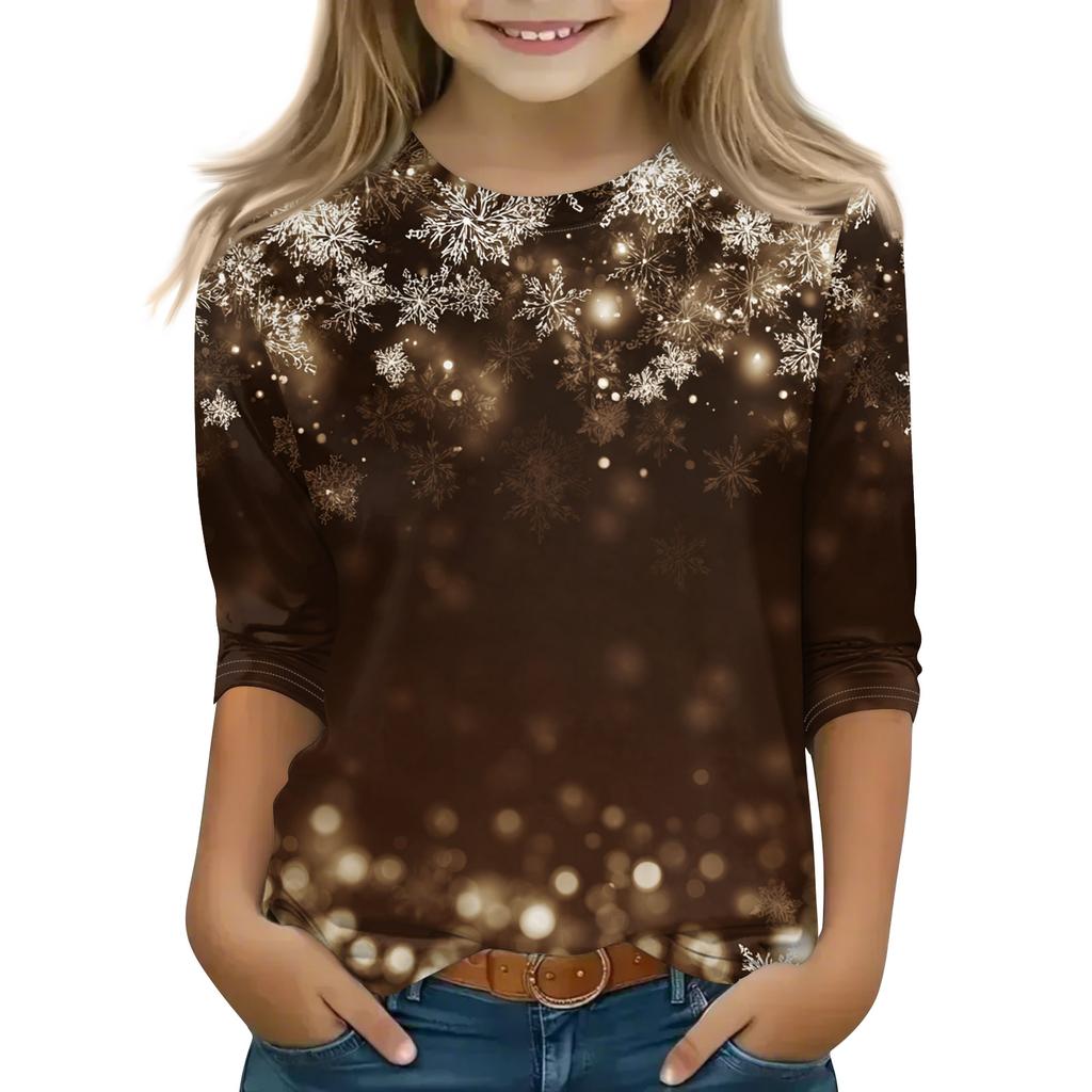 Christmas Day Print Tops For Youth Girls 5-16 Years Round Neck 3/4 Sleeves T-Shirts Trendy Tops Outfit Tees