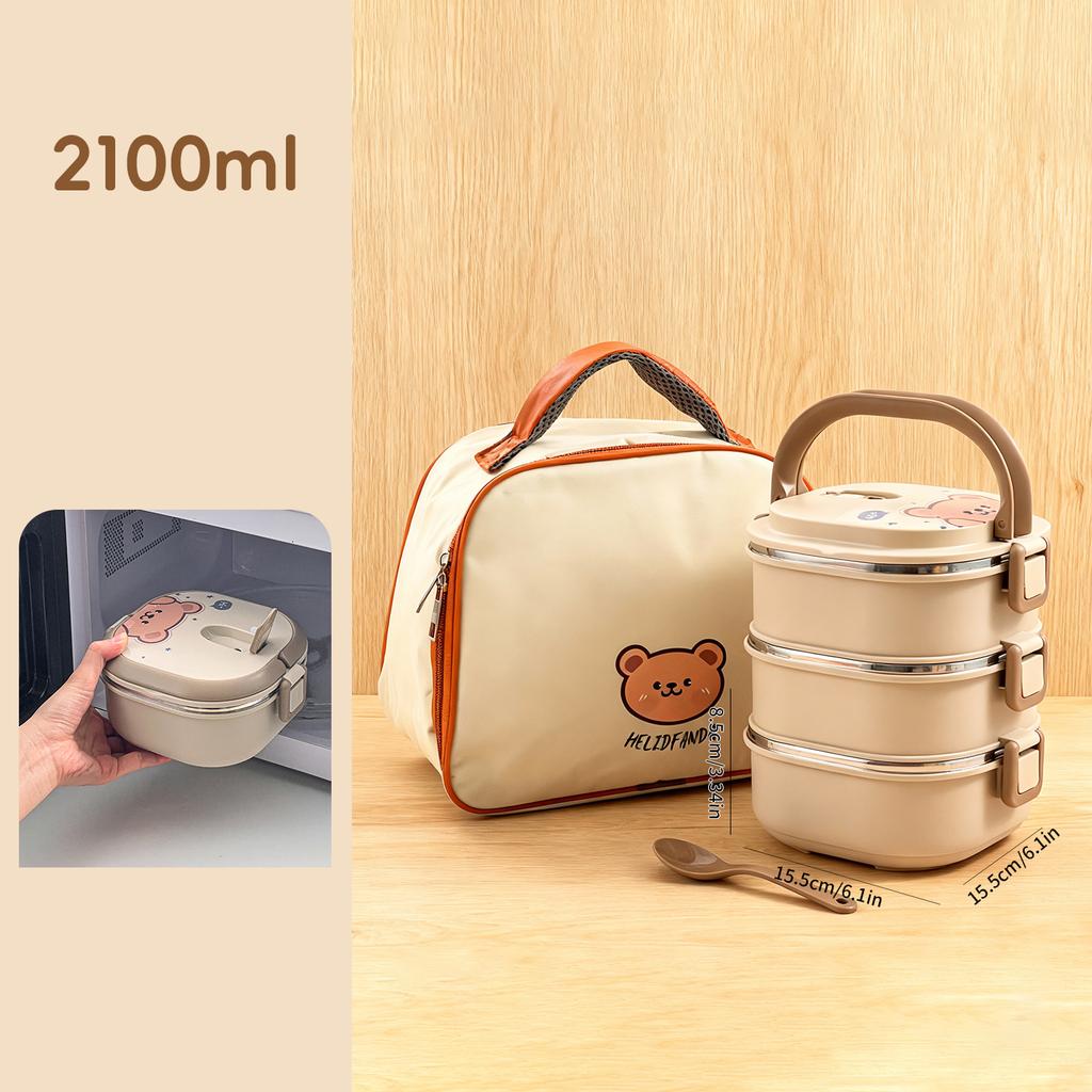 WORHTBUY Cute Square Insulated Food Container With Spoon Portable Large Capacity Stackable 304 Stainless Steel Lunch Box For Kid