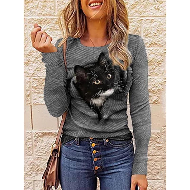 3D Cat Printed T-shirts Fashionable Casual Long Sleeved Women's T-shirts - Soft Medium Stretch Polyester Fabric Spring and Autumn Relaxed Fit Clothing