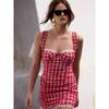 For Love Sweet Oxygen Strawberry French style Retro Plaid Sexy Lace Cross Sling Vacation Dress