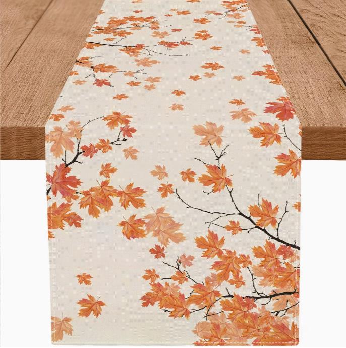 Autumn Leaves Pumpkin Table Runner: Linen Thanksgiving Decoration for Kitchen & Dining