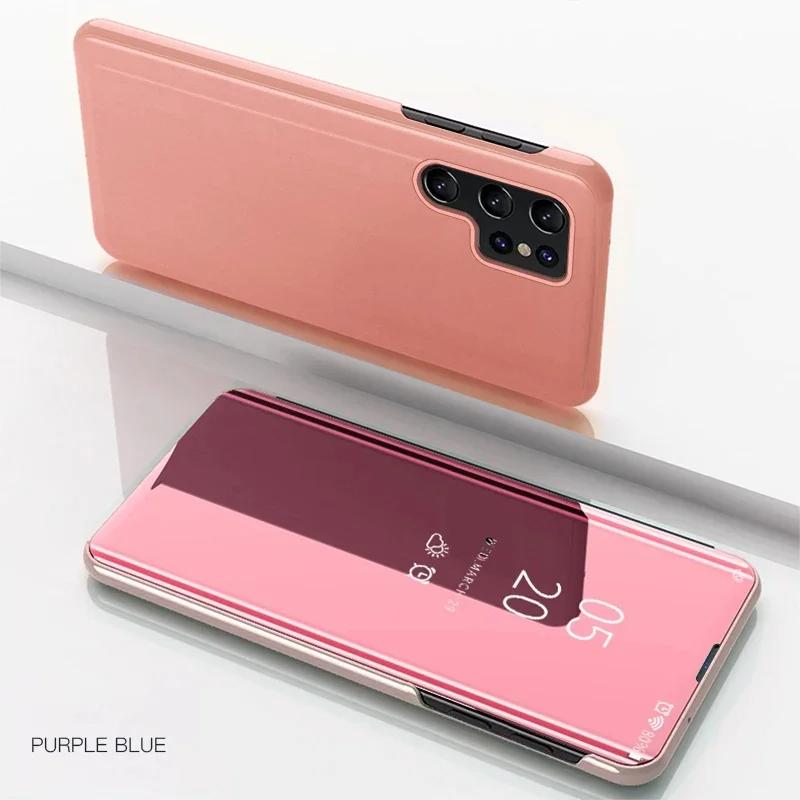 Luxury Mirror Flip Cases For Samsung Galaxy S26 Ultra S24 S23 S22 S21 Plus Fe Note 20 S25 Ultra Shockproof Leather Texture Cover