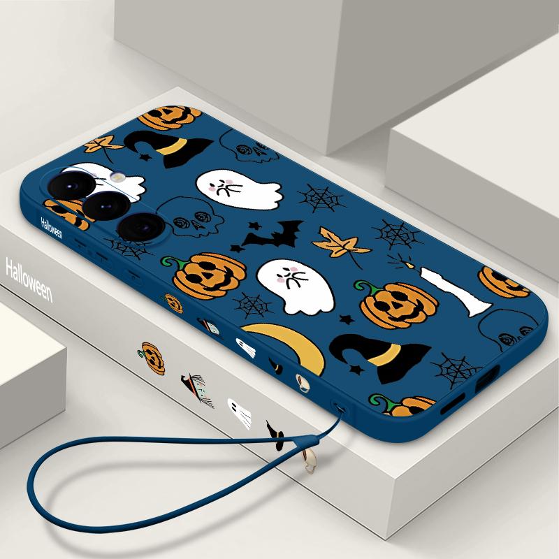 Lanyard Phone Case For Samsung Galaxy A56 A17 A26 A16 A36 A55 A54 A53 A15 S24 S25 FE S25 S22 S23 Ultra Plus Pumpkin Patterned Cover