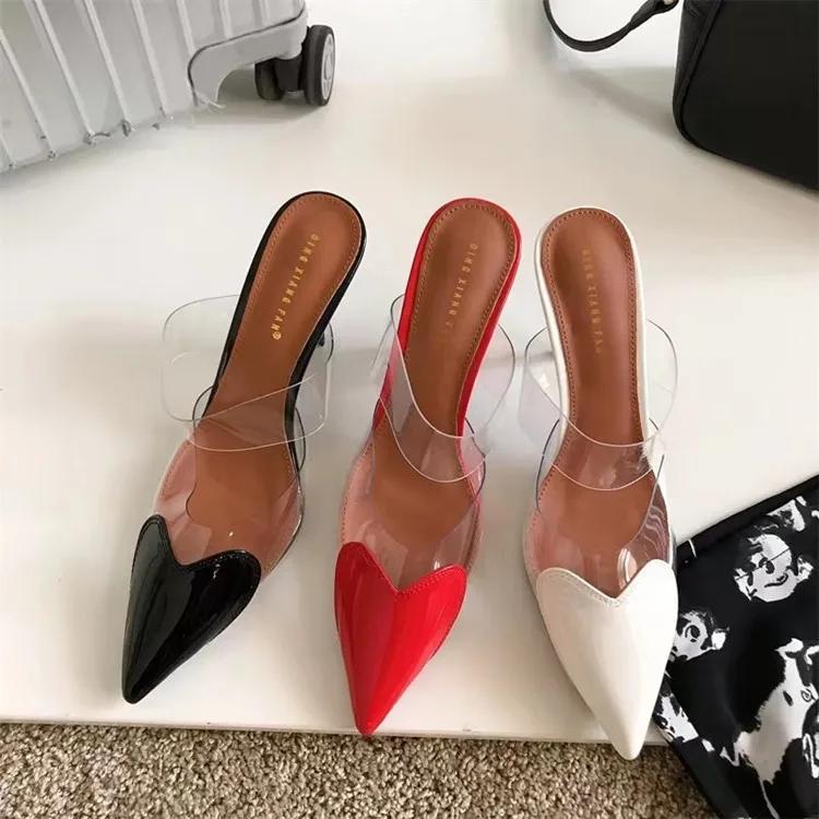 Fashion Elegant Pointed Toe Transparent PVC Heart High Heels Mules Slipper Shoes Women Black White Red Shoes Luxury Designer Pumps