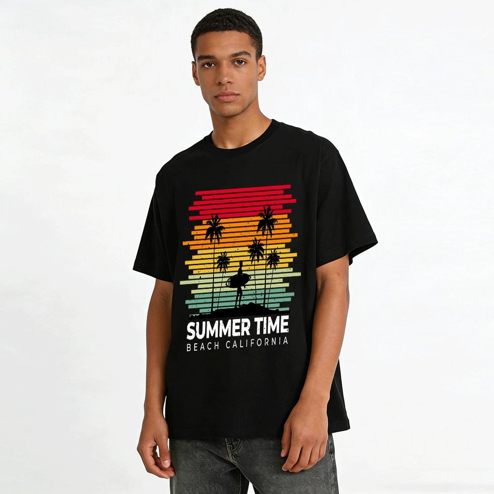 Vintage Sunset Surfing Coconut Tree Silhouette Casual Tee Pure cotton T-shirt
