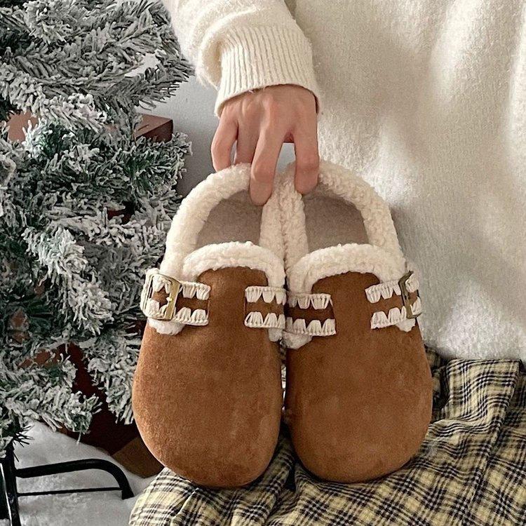 Fleece thickened warm thick-soled cotton shoes, new autumn and winter retro Birkenstock fluffy shoes