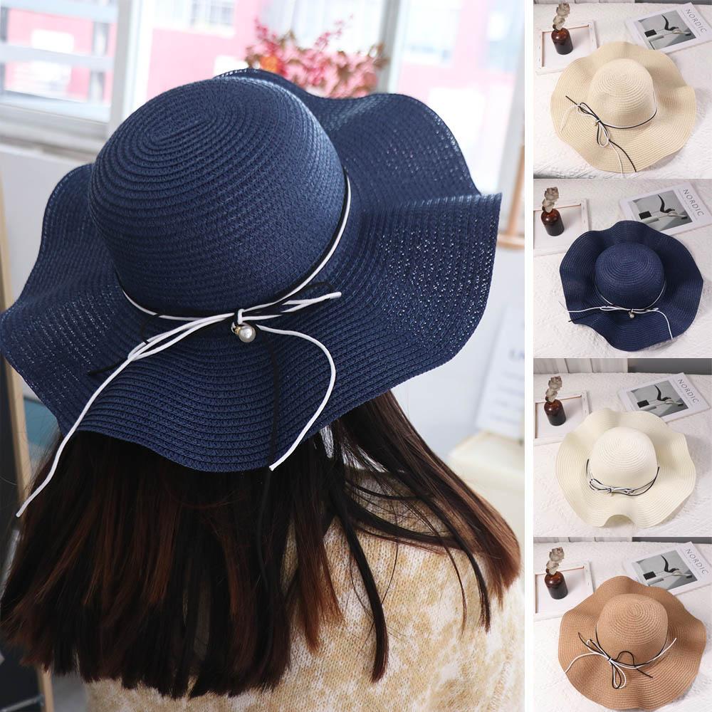 French Style Pearls Strap Straw Hat Wide Brim Women's Sun Hat Ins Folding Straw Hats Outdoor