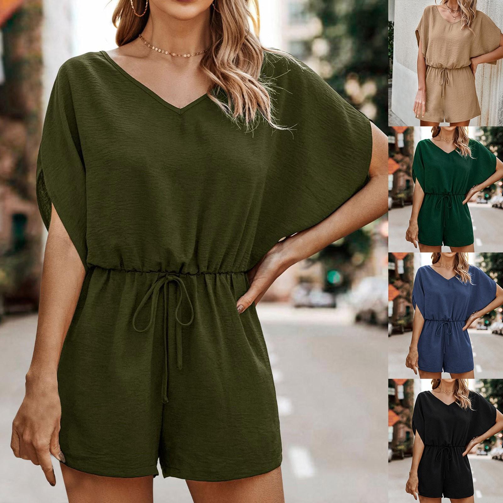

Женский летний однотонный свободный комбинезон с короткими рукавами и V-образным вырезом для отдыха, брюки