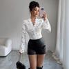 New Spring Summer V-Neck Long Sleeve Sweet Sheer Lace Blouse Elegant White Slim Fit Womens Shirt Casual Party Mesh Top for Women Clothing