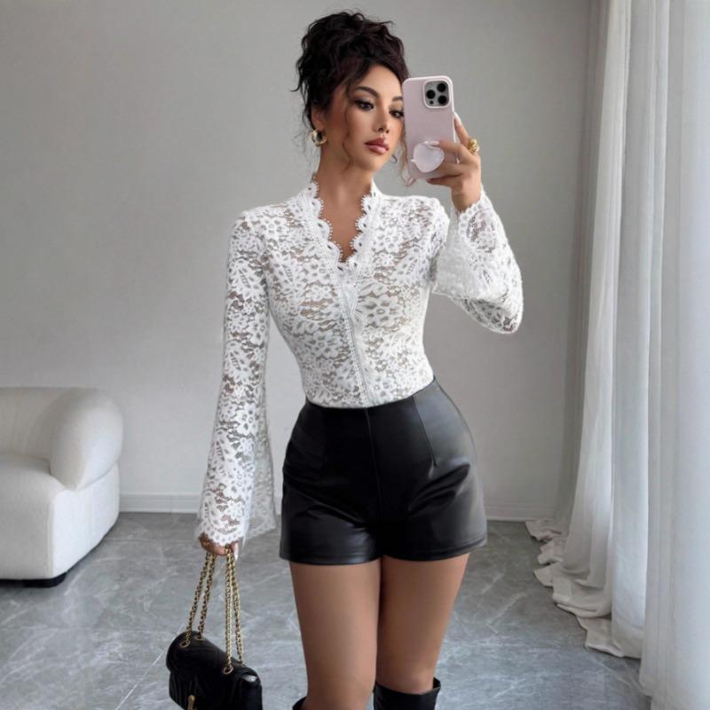 New Spring Summer V-Neck Long Sleeve Sweet Sheer Lace Blouse Elegant White Slim Fit Womens Shirt Casual Party Mesh Top for Women Clothing