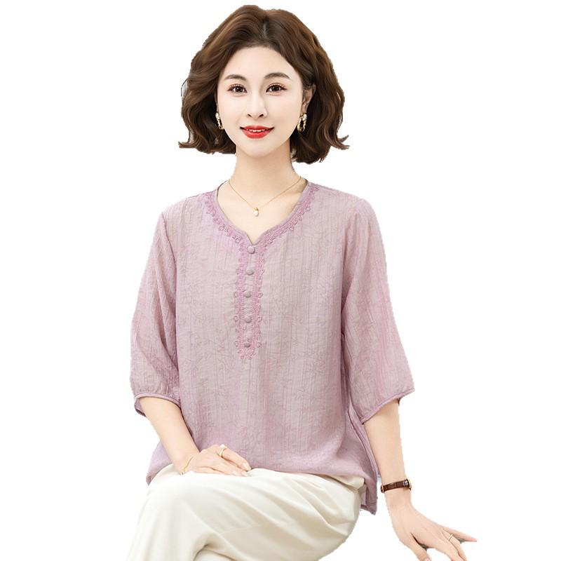 Plus Size Floral Grandma-Style Shirt for Women, Loose Fit, Slimming, Five-Point Sleeves, Ideal for Middle-Aged & Elderly, Summer Top