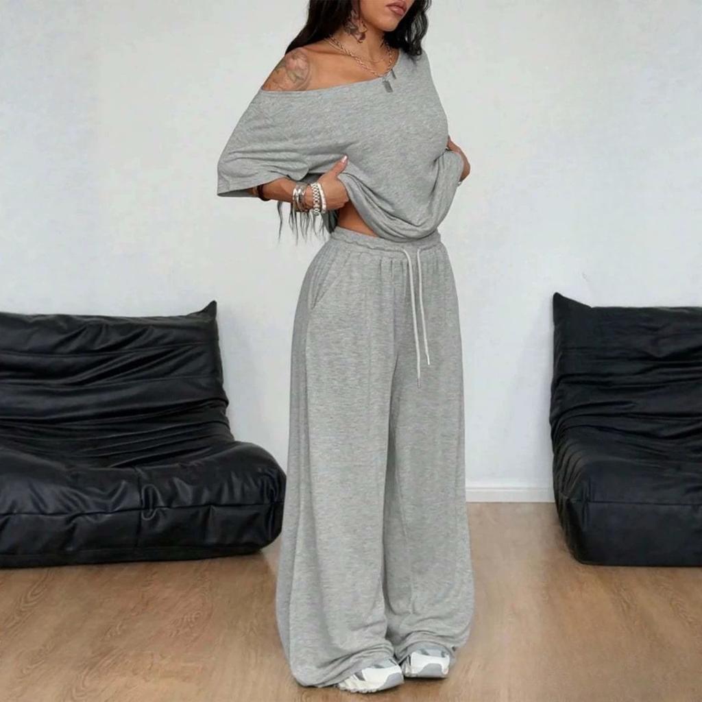 Women's Drop Shoulder Short Sleeve T-Shirts Loose Fit Wide Leg Pants Sets Casual Two Piece Outfits