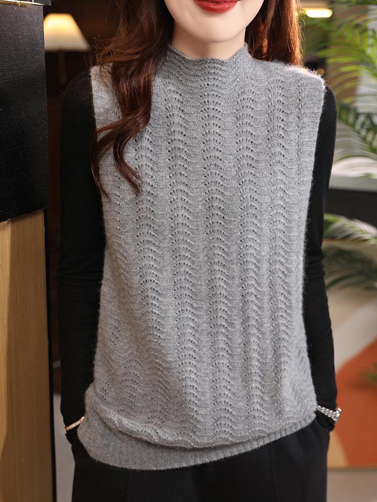 Women's High Neck Wool Knit Sleeveless Vest - Casual Loose Fit for Spring & Autumn