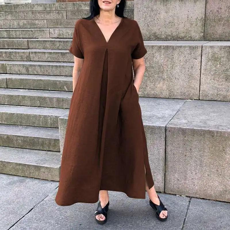 2024 Spring/Summer European American Cotton Linen V-Neck Short Sleeve Pocket Dress