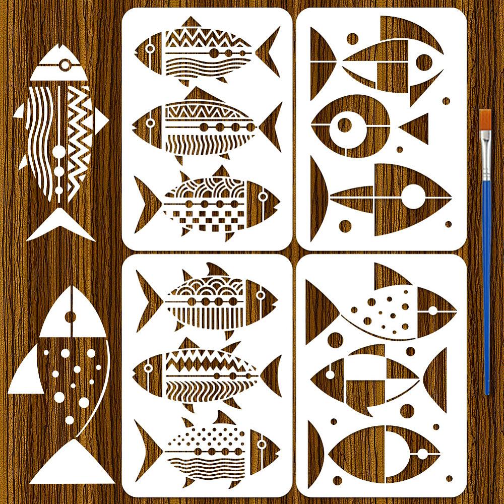 4Pcs 4 Styles PET Hollow Out Drawing Painting Stencils for DIY Scrapbook Photo Album Fish 297x210mm 1pc/style