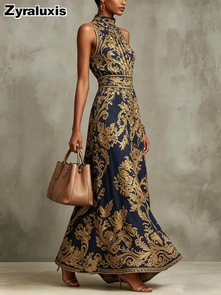 Vintage Golden Embroidery Long Sleeve Dress Slim Fit Evening Party Wedding Formal Gown for Women