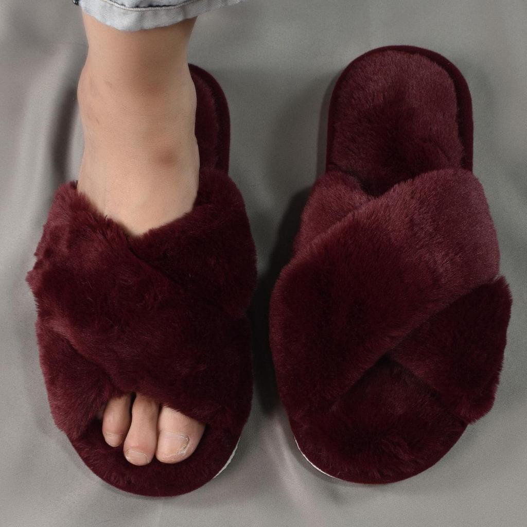Women'S Cozy Plush Slip-On Slippers with Cross Strap - Soft Faux Fur Lining, Warm EVA Sole, Open-Toe Design for Indoor & Outdoor House Slippers