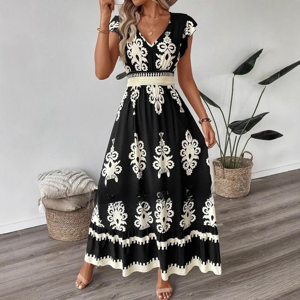 Polyester Beach Dress With 3d Print Vneck High Waist For Summer Vacation