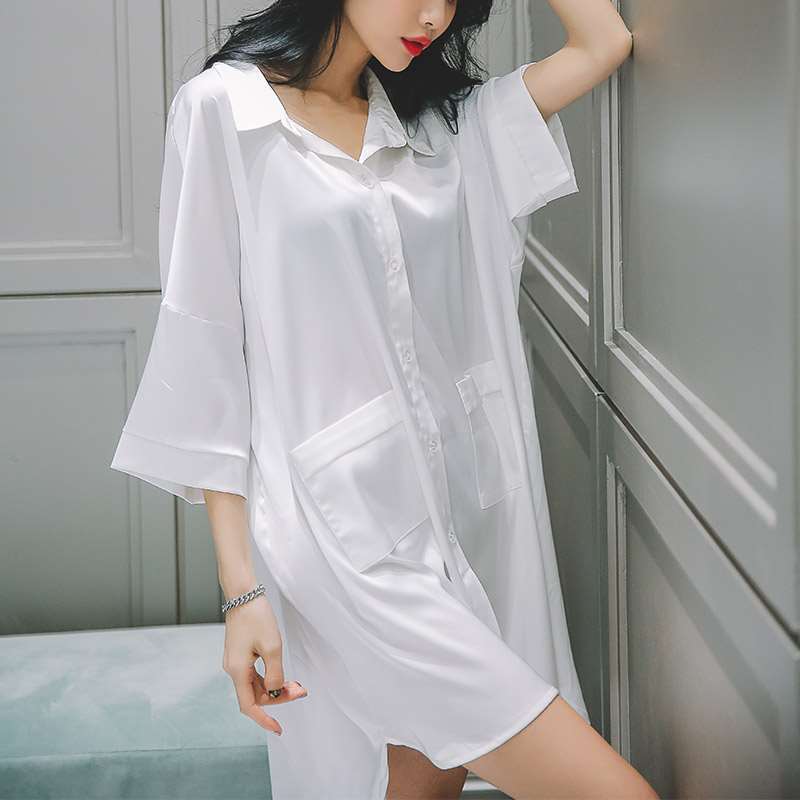 Nachtwäsche für Damen im Sommer, sexy und süß, kurzärmelig, dünnes weißes Hemd, mittellang, locker sitzender Pyjama