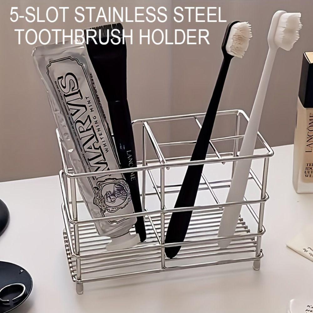 Stainless Steel Toothbrush Holder 5-Slot Layout Bathroom Organizer Storage Holder Bathroom Sink