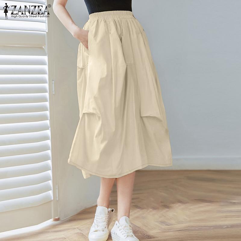 ZANZEA Γυναικείες Casual Φούστες με Ελαστική Μέση και Μονόχρωμες Φόρμες
