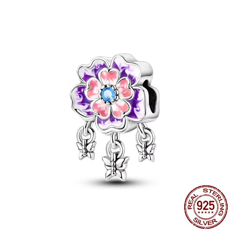 925 Sterling Silber Lila Perlen Blume Schmetterling Hänge Charm Passend 4MM Lochdurchmesser Armband Halskette 925 Schmuck Geschenkherstellung