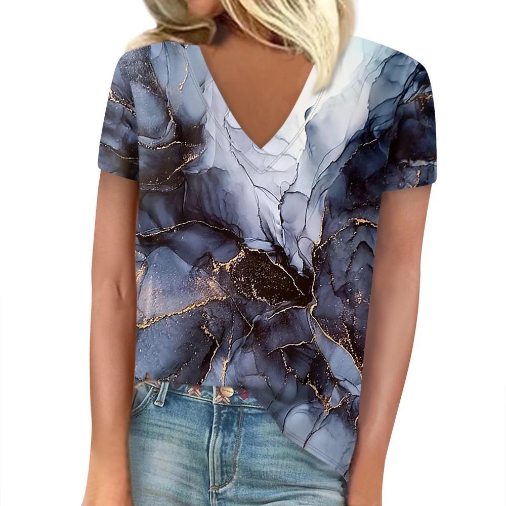 T-shirt women's summer leisure elegant v-neck short sleeves gradient texture pattern top loose casual wear ladies T-shirt