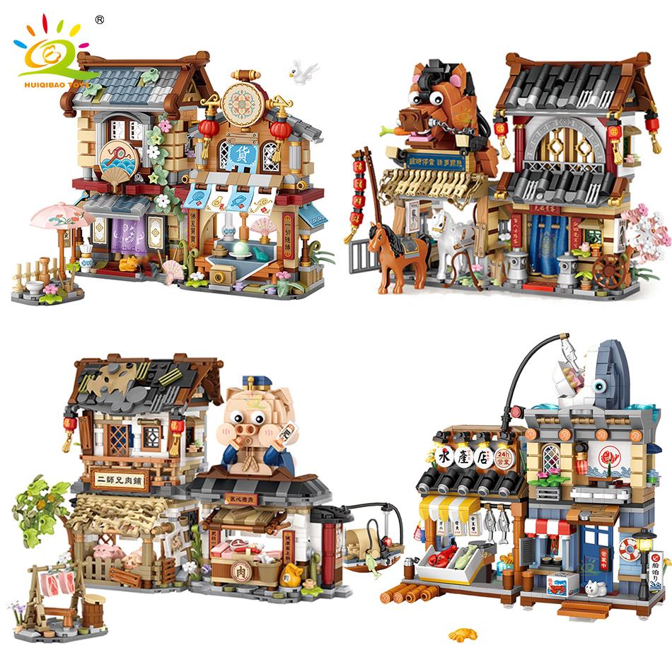 Non-Toxic City Mini Chinese Street View Grocery Store Meat Shop Building Blocks Japanese Food Ice Shop Figures Bricks Toys Child