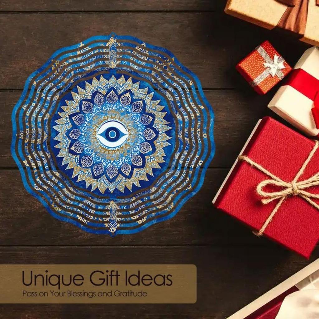Blue Mandala Eye Wind Chime Outdoor Decor 2D Metallic Garden Art with Vibrant Blue Golden Patterns Infinite Rotation Kinetic Energy Capturing