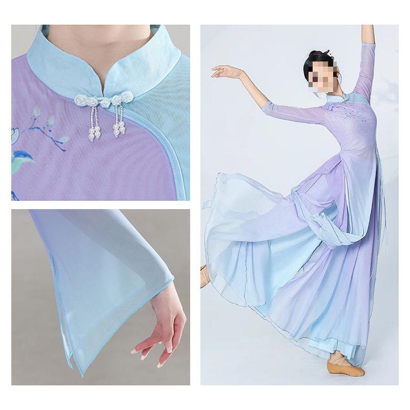 Purple Gradient Classical Dance Qipao Dress - Flowing Collar Performance Costume for Women