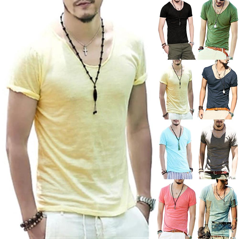 Buy Summer Mens Short Sleeve V Neck Solid T-Shirt Casual Slim Fit Tee ...