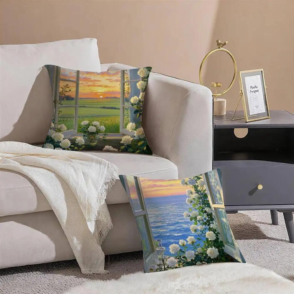 Hand-painted Iandscape Oil Painting Pillow Case Comfort Sofa Bed Silky Elegant Invisible Zipper Decorative Cushion Cover