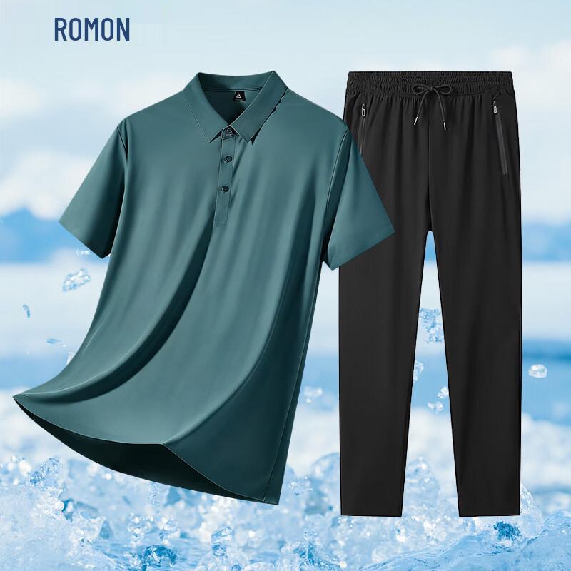 ROMON Men's Seamless Ice Silk Polo Shirt & Shorts Set