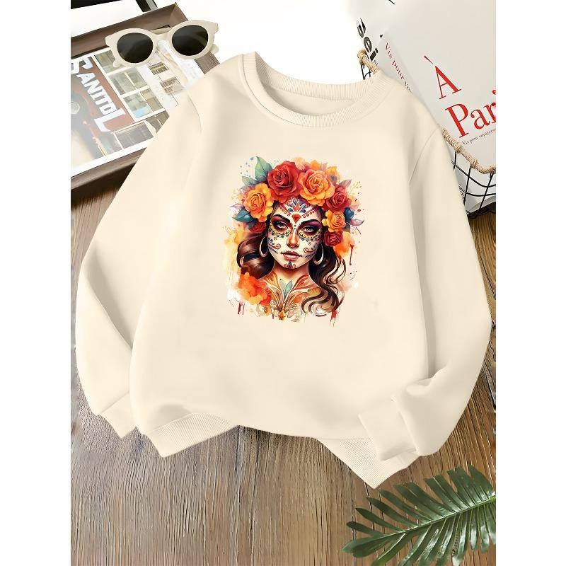Kids Unisex Crewneck Sweatshirt, Sugar Skull Woman Orange Red Rose Watercolor Art Print Soft Long Sleeve Pullover For Boys Girls Over 4 Years Old