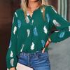 Women's Fashion Loose V-Neck Feather Print Long Sleeve Pullover Shirt Top