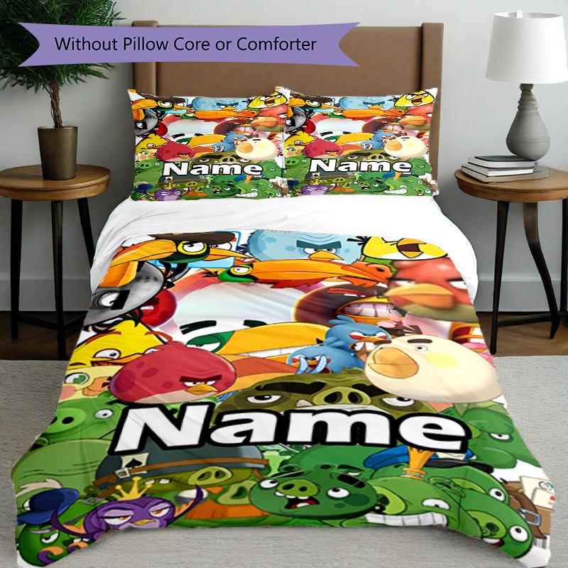 3pcs Duvet Cover Set (1*Duvet Cover + 2*Pillowcase, Without Core), Custom Name Angry Birds Pattern Bedding Set, Home Bedroom Decor Gift