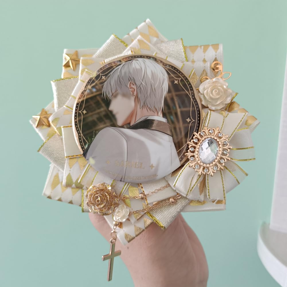 YUYAKESHI Ita Bag Rosette, Handmade Ribbon Wedding-Style Ita Bag Decoration, Cute Rosette with Cross and Rhinestone Decoration (Off-White, Fits 58mm