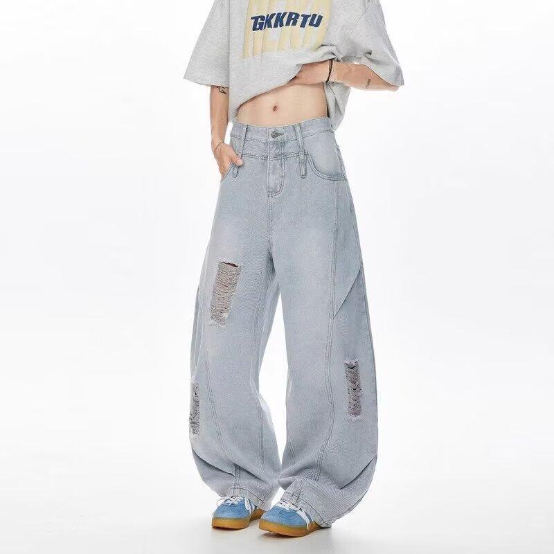 JYL Мужские рваные джинсы Летние Хай-стрит Свободные Прямые Широкие Повседневные Денимовые 2XL бездна