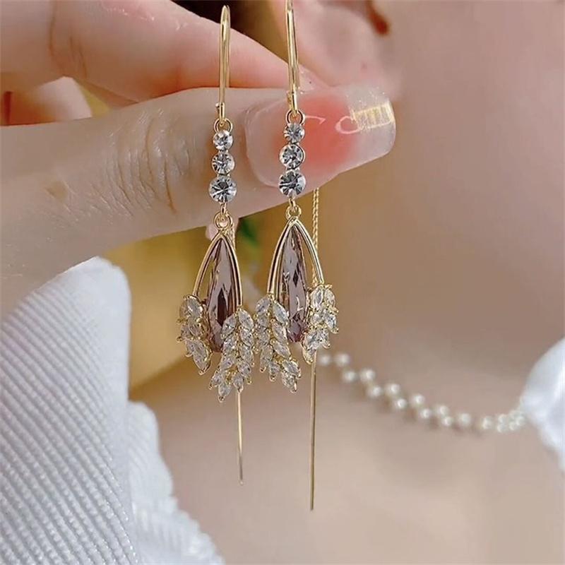 Exquisite Leaves Ear Line Long Hanging Earrings For Women Shiny Crystal Leaf Tassel Drop Earring Girls Party Wedding Jewelry