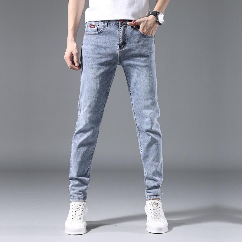 Summer men's jeans slim fit elastic pants for men Korean style trendy youth light-colored trousers