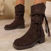 New Tassel Boots Retro Fashion Style Fashion Boots Thick Heel Long Tube Slim Look Stacked Middle Tube Boots