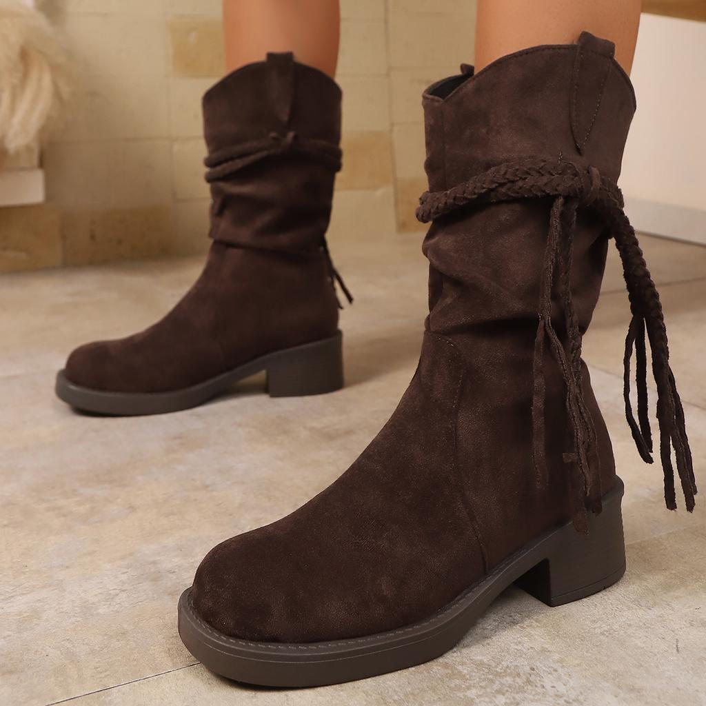 New Tassel Boots Retro Fashion Style Fashion Boots Thick Heel Long Tube Slim Look Stacked Middle Tube Boots