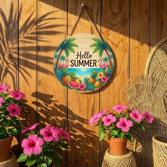 Handcrafted Wooden Wall Decor Natural Autumn/Summer Pendant with Hanging Rope for Front Door, Creative Rustic Entrance Door Sign Welcome Sign,