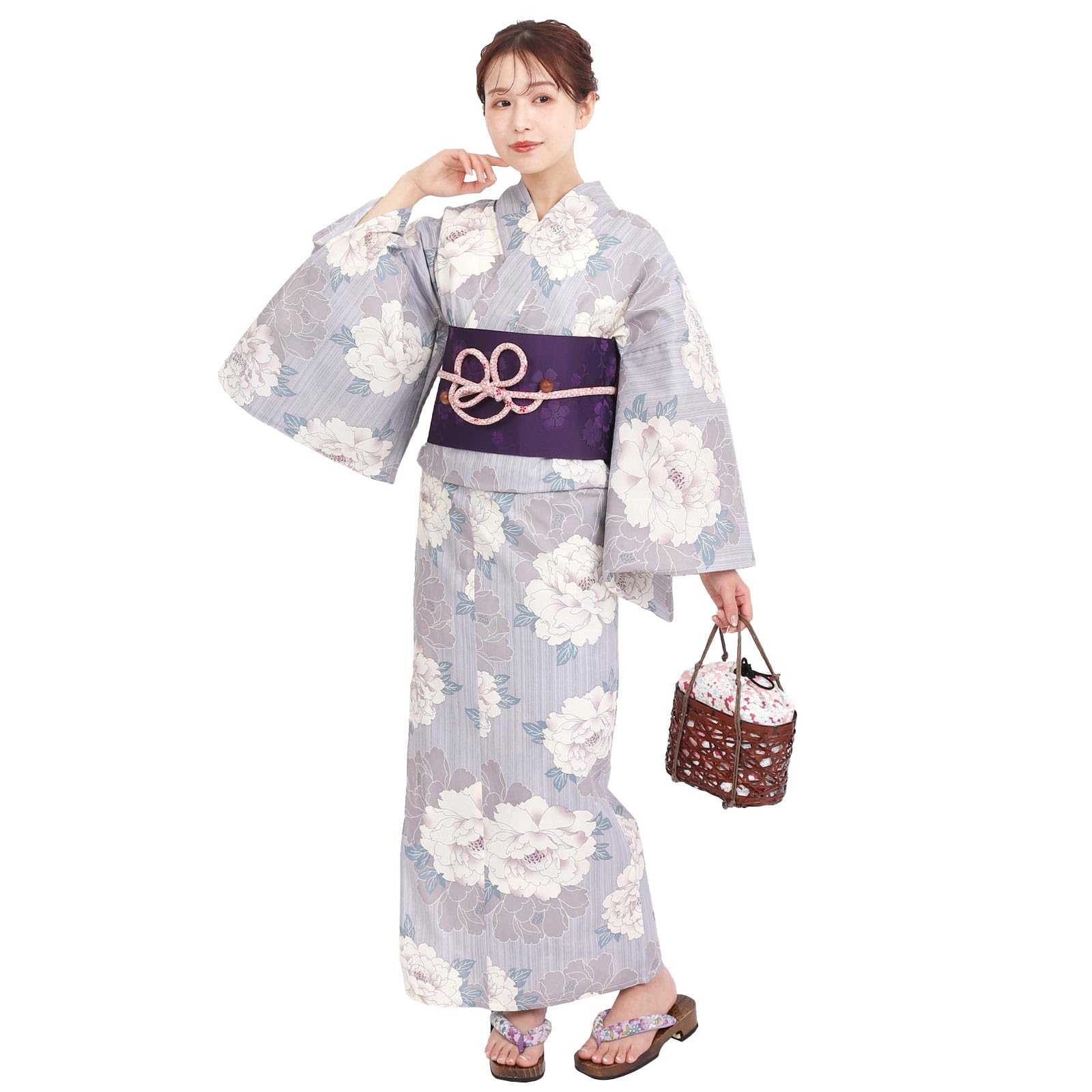 

Фуука Юката Набор с одним размером, подходит всем, пионово-синий и фиолетовый, сделано в X231610, женский предварительно завязанный оби, застежка в одно касание, набор из 2 предметов, большинство, дизайн,