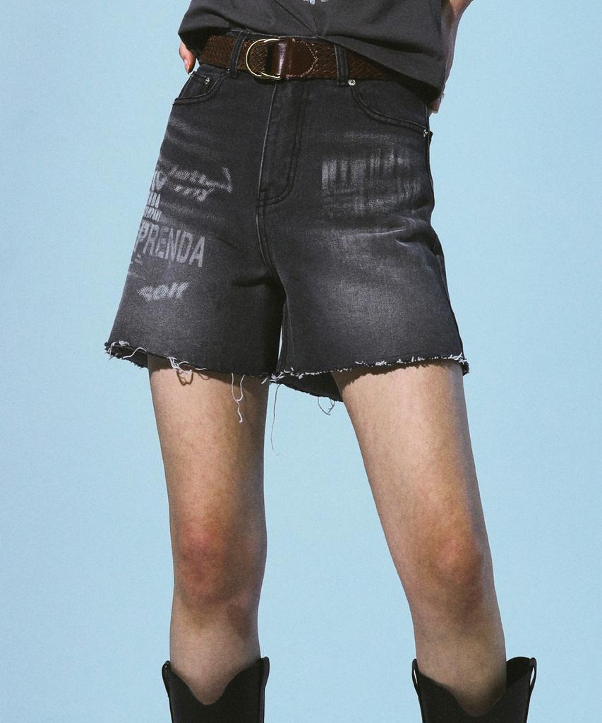 PRENDA Distorted Print Denim Shorts Black Washed