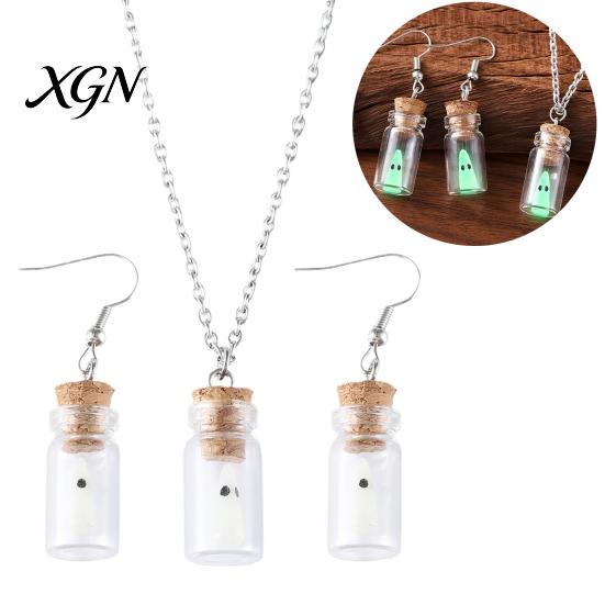 Unique Handmade Fantasy Gift Glow Ghost Necklace, Glow-in-the-dark in Bottle Pendant, Cute Halloween Party Favors Necklace Earrings, Gothic