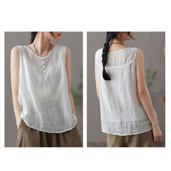 Women Summer Vest Round Neck Sleeveless Buttons Decor Tank Tops Solid Color Loose Fit Thin Camisole Streetwear