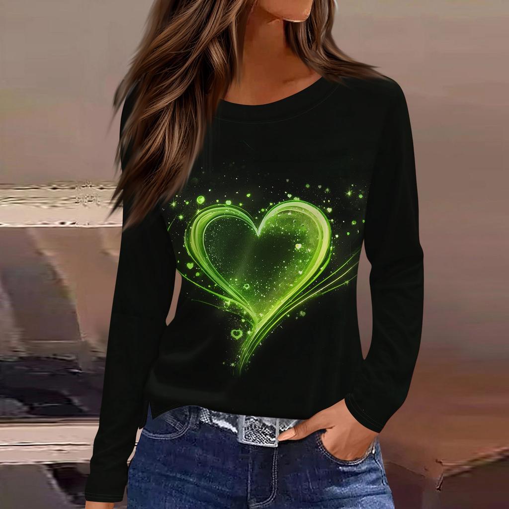 Damenmode Lässig Schlitz Saum Rundhals Langarm Lose Bedrucktes T-Shirt Damen Top