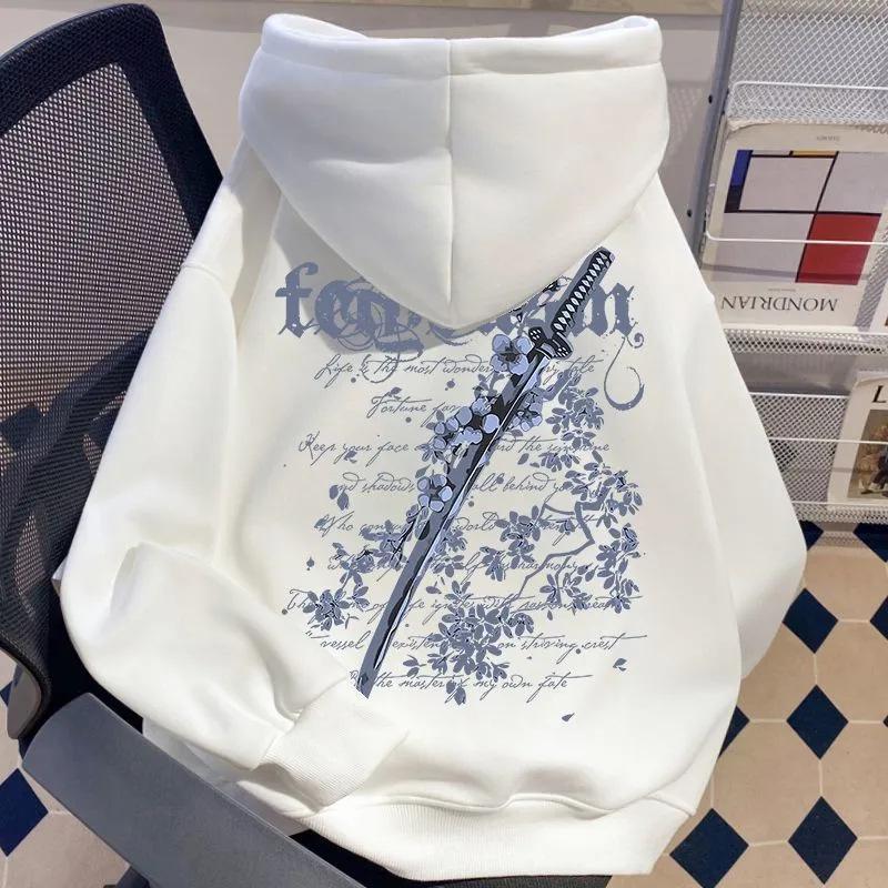 Męska bluza z kapturem w stylu vintage z nadrukiem miecza i kwiatów wiśni, z podszewką z polaru, luźny krój, modna kurtka jesienno-zimowa