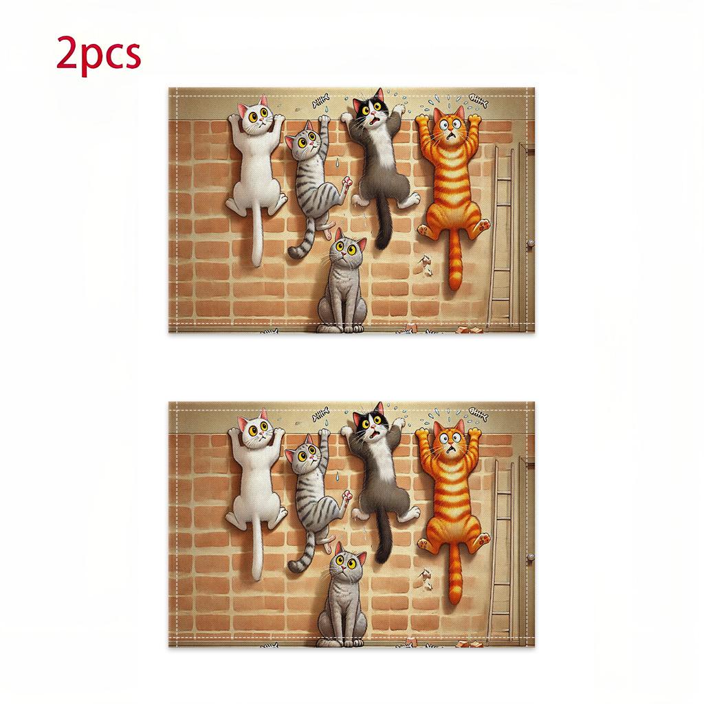 

Cute Cats Climbing Wall Place Mats Funny Animal Print Linen Table Mats For Kids Kitchen 4Pcs-30X45cm(12X18in